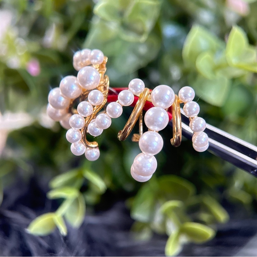 Gold and White Pearl Cascade Earrings - Picture 2 of 8